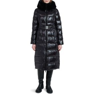The Recycled Planet Lexi Water Resistant Hooded Nylon Down Puffer Coat with Faux Fur Trim in Black at Nordstrom, Size X-Small