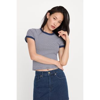 Good American Womens Super Stretch Baby Ringer T-Shirt | Horizon Stripe, Size Medium | Good American by Khlo&Egrave; Kardashian