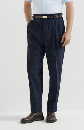 Brunello Cucinelli Comfort wool and cashmere Prince of Wales flannel trousers with double pleats in Blue at Nordstrom, Size 54