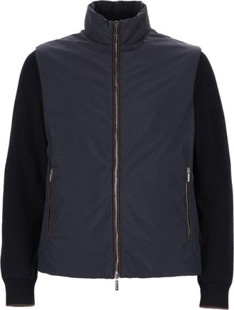 Moorer Navy Blue Solid Mock Collar Jacket