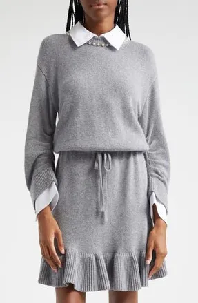 Cinq &agrave; Sept Kiana Rhinestone Accent Long Sleeve Sweater Shirtdress in Heather Grey/White at Nordstrom Rack, Size Large