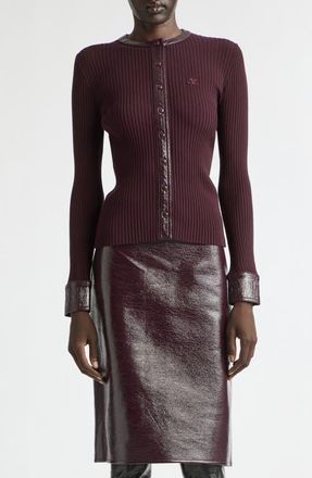 Courr&egrave;ges Vinyl Trim Ribbed Cardigan in Burgundy at Nordstrom, Size X-Small