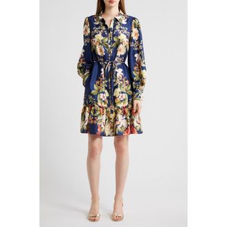 Julia Jordan Floral Long Sleeve Satin Shirtdress in Navy Multi at Nordstrom, Size X-Small