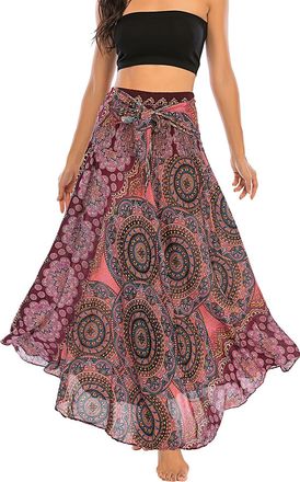 Feoya Women Boho Long Maxi Skirts Summer Casual 2 in 1 Skirt Dress with Floral Printed Elastic Waist Beach Skirts