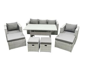 Fimous Rattan Garden Furniture Set Outdoor 9 Seater Patio Dining Sets with Glass Top Dining Table Light Grey Mixed
