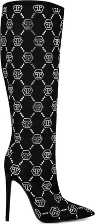 Philipp Plein 120mm monogram-pattern satin boots - women - Satin/Calf Leather/Calf Leather - 37 - Black