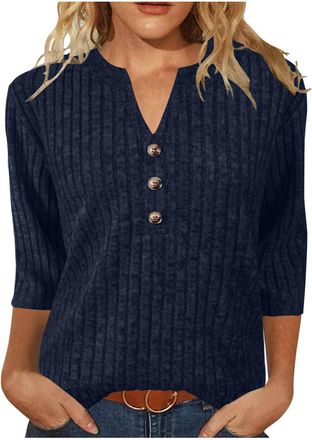 Generic Womens Sweaters 3/4 Length Sleeve Tops V Neck Button Jumpers Womens Top Knit Stripe Fall Ladies Sweatshirts Jumpers Solid Color Workout Plus Size Acti