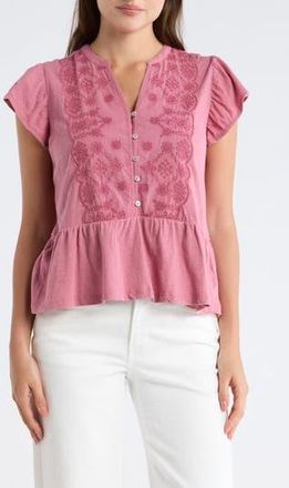 Lucky Brand Embroidered Flutter Sleeve Cotton Top in Rose at Nordstrom Rack, Size X-Large