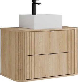 Vente-Unique Mueble de ba&ntilde;o suspendido con lavabo cuadrado de sobre encimera y grifo - Natural claro - 80 cm - FILOR