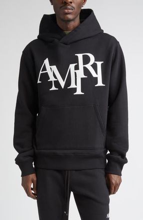Amiri Staggered Logo Graphic Hoodie in Black at Nordstrom, Size Xxx-Large