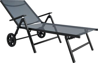 OUTSUNNY Folding Sun Lounger w/ Wheels - 5-Position Adjustable Sunbed - Grey | TJ Hughes