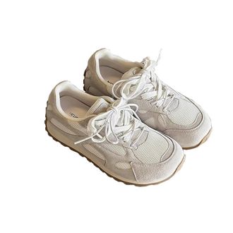 Generic Women Genuine Leather Double lace Shoes with mesh mesh Casual and Versatile Thick Sole Breathable and Non Slip Sports Shoes (Beige,5.5)