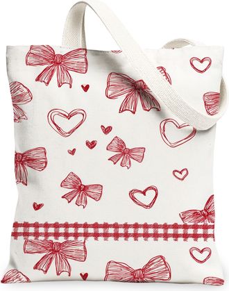 Generic ValentineS Day Bows Canvas Tote Bags, Charming Heart Pattern Reusable Grocery Bags, Lightweight Washable Shoulder Strap Ca, White, 13x15 Inch