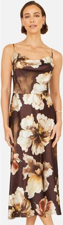 Yumi Cowl Neck Satin Floral Dress in Brown at Nordstrom, Size 10