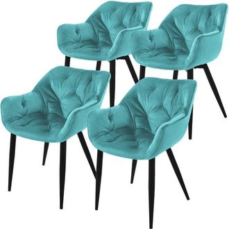 ML Design Ml-design Set 4x Sillas De Comedor Con Respaldo Y Reposabrazos Asiento Ergon&oacute;mico Acolchado Tapizado De Terciopelo Azul Petr&oacute;leo, Patas De Metal Sill&oacute;