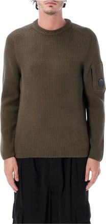 C.P. Company Maglione a girocollo in cotone a coste con Lens - - Knitwear - Uomo - Verde - XL