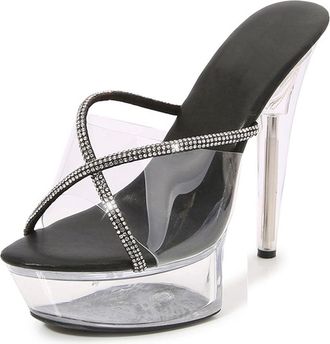 Generic Black,5.5 UK,Womens Stiletto High Platform Heel Peep Open Toe Sandals Mules Shoes Slip-on Prom Party Dress Summer Rhinestones Heels Slingback Slippers