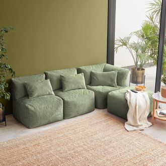 Icon Brand 4pcs Noa Bean Bag, 1x Corner, 2x Recliner, 1x Slab, Jumbo Cord in Green