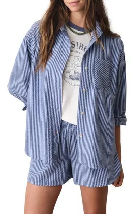 Marine Layer Gracey Stripe Oversize Cotton & Kapok Seersucker Button-Up Shirt in Bay Blue Stripe at Nordstrom, Size X-Small