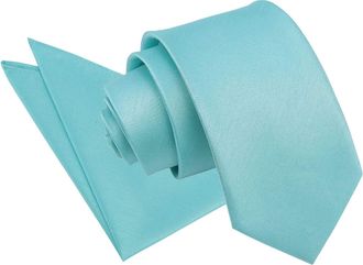 DQT Plain Shantung Wedding Modern Style Neck Tie & Pocket Square Set for Men - Turquoise Green