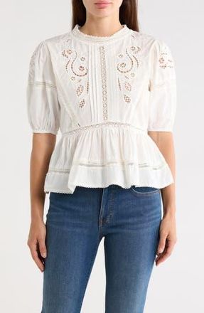 Max Studio Embroidered Short Sleeve Cotton Peplum Top in White at Nordstrom Rack, Size X-Large