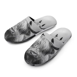 Generic Highland Cow with Birds Mens Cozy Memory Foam Slippers Warm Cotton House Shoes Comfy Slipper for Indoor Outdoor
