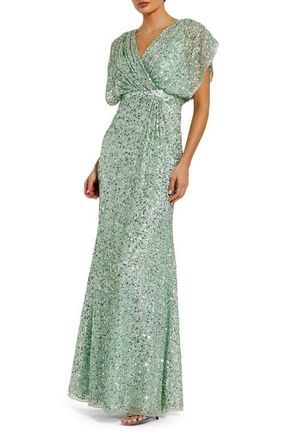 Mac Duggal Draped Sleeve V Neck Gown in Seafoam at Nordstrom, Size 14