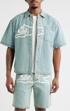 Icecream Running Dog Short Sleeve Denim Graphic Button-Up Shirt in Blueberry Haze at Nordstrom Rack, Size Xxx-Large