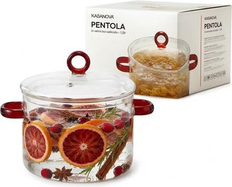 KASANOVA Pentola 1,5 L vetro borosilicato con coperchio manici rossi