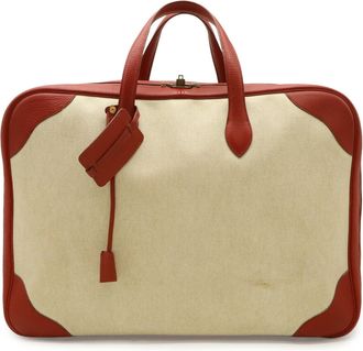 Herm&egrave;s Natural Red Color Toile H Taurillon Clemence Leather Boston Bag (Pre-Owned)