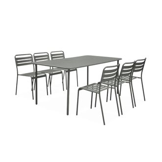 Sweeek Set mesa de jard&iacute;n bistr&oacute; de acero con 6 sillas, 160cm, verde kaki