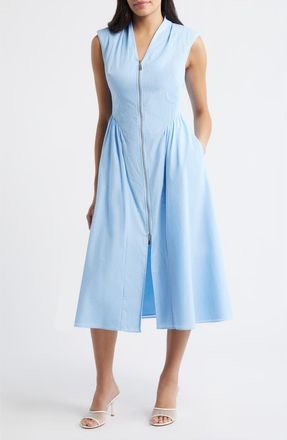 Vince Camuto Stripe Zip Front Sleeveless Midi Dress in Light Blue at Nordstrom, Size 12