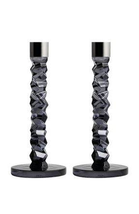 Orrefors Carat Set of 2 Medium Crystal & Stainless Steel Candlesticks in Charcoal at Nordstrom