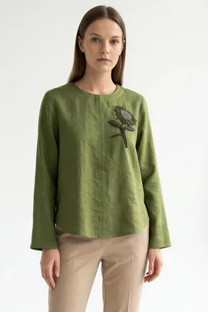 Exquise Fifine Long Sleeve Linen Blouse in Khaki at Nordstrom, Size Xx-Large