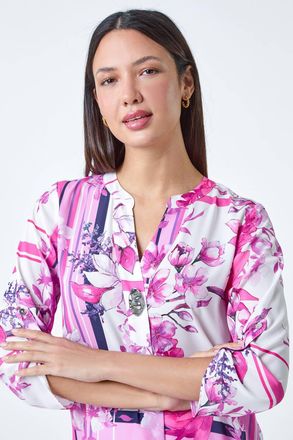 Roman Floral Patchwork Longline Button Detail Top