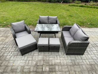 Fimous 8 Seater Outdoor Garden Dining Sets Rattan Furniture With Dining Table Armchairs Love Sofa 3 Footstools Dark Grey Mixed