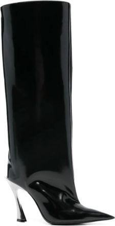 MUGLER Zwarte kuitlaars met gunmetal hak - Dames - Laarzen met Hak - Zwart - 39 1/2 EU - Leer - Schoenen