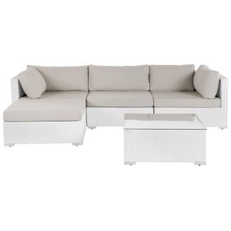 Beliani Conjunto De Jard&iacute;n Sof&aacute; Modular Con Mesa De Centro Rat&aacute;n Sint&eacute;tico Blanco Con Cojines Beige Derecho Sano Ii