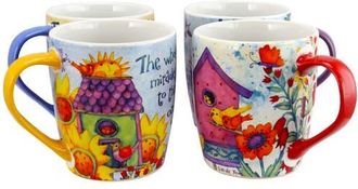 Gibson Home Birdhouse Floral 18 oz Cup Set, Set of 4 Assorted Designs at Nordstrom