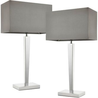 Loops 2 PACK Rectangular Table Lamp Light Modern Chrome & Grey Shade Sleek Sideboard