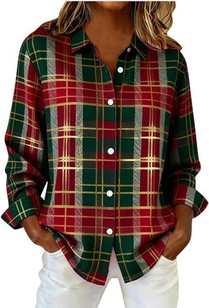 Generic Ladies Plaid Shirts UK 2025 Fashion Long Sleeve Collared Button Down Tops Fall Winter Casual Loose Fit Blouse Dressy Comfy Lightweight Going Out T-Shi