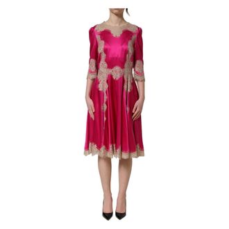 Dolce & Gabbana Midi Dresses, female, Pink, Size: XS Lace Detail A-line Midi Dress
