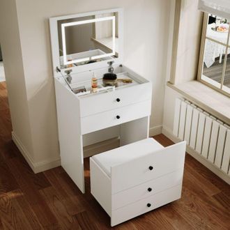 Elegant Lighting Elegant - Dressing Table with led Lights and Flip-up Mirror, Multi-purpose Dressing Table Set for Bedroom Furniture, Including White Cushioned