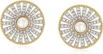 Ross-Simons 5-5.5mm Cultured Pearl and White Zircon Earrings in 18kt Gold Over Sterling