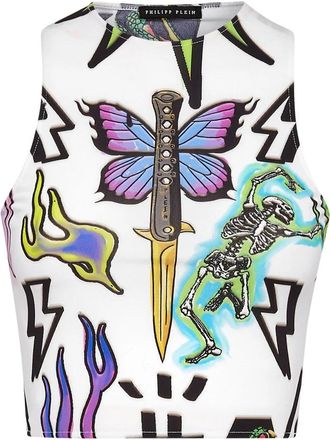 Philipp Plein Crop Top Tattoo Monogram - Dames - Tops zonder mouwen - Veelkleurig - M - Polyester - Tops