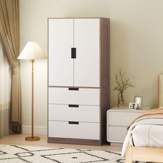 HOMCOM Wardrobe Closet with 2 Doors 3 Drawer & Clothes Hanging Rail, Brown