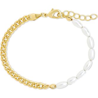 Sterling Forever Nell Curb Chain & Faux Pearl Beaded Bracelet in Gold at Nordstrom Rack
