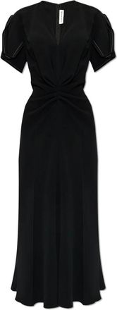 Victoria Beckham Geplooide midi-jurk met V-hals - Dames - Maxi kleedjes - Zwart - 2XS - Kleedjes