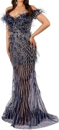 Terani Couture Off Shoulder A-Line Feathered Sheer Skirt Long Dress In Navy