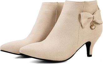 Generic Womens Elegant Pumps Shoes Pointed Toe Kitten Heel Back Zip Ankle Boots with Bowknot Decor (5.5,Apricot)